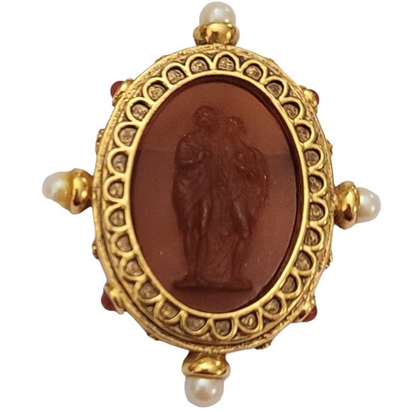 Gold Tone Brown Romantic Couple Faux Pearl Glass Cabochon Cameo Brooch Pin K840 - Picture 1 of 10